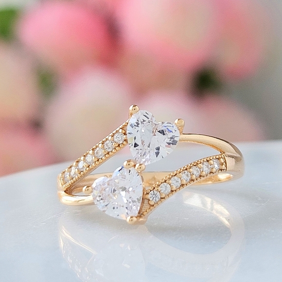 Double heart ring, 925 Sterling Silver with 10k gold finish - Picture 5 of 5